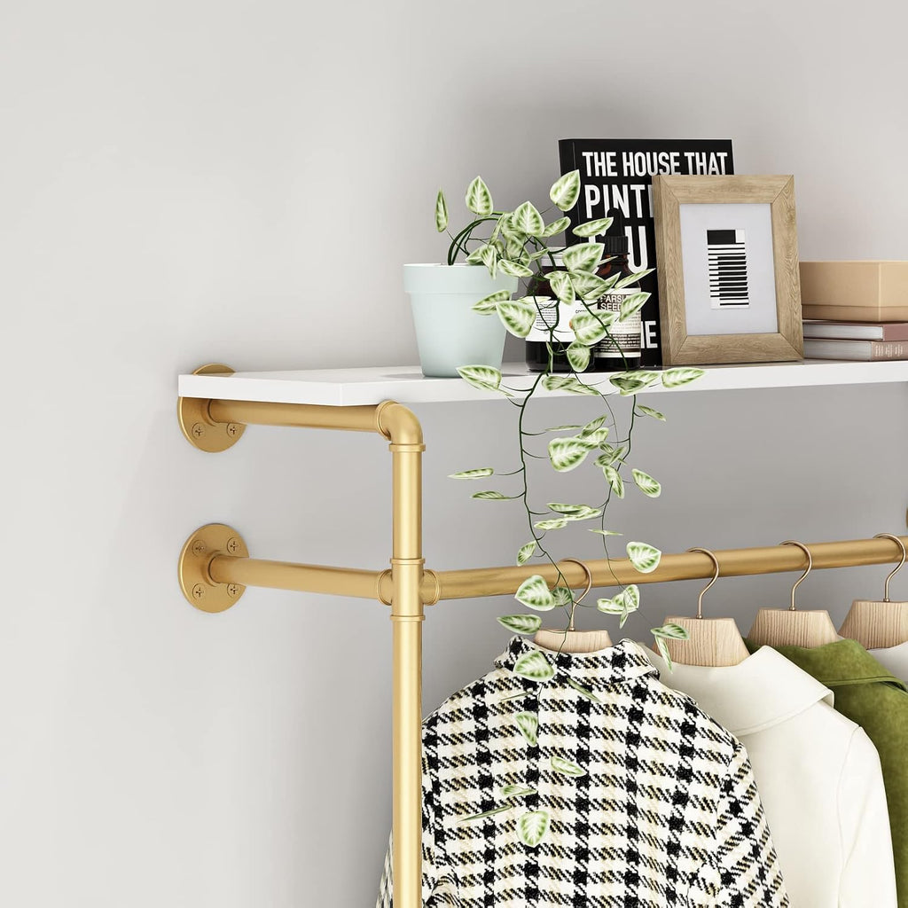 Industrial Pipe Clothing Rack with 2-tier Wooden Shelves Gold E38762