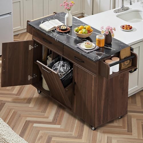 Kitchen Island Cart with Trash Can Storage, Drop Leaf, Drawers, Adjustable Shelves, Lockable Wheels T68375