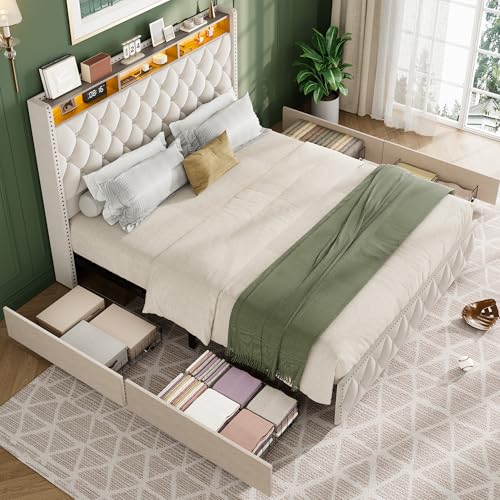 Queen Velvet Upholstered Bed Frame with 4 Storage Drawers, Beige N56921