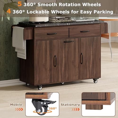 Kitchen Island Cart with Trash Can Storage, Drop Leaf, Drawers, Adjustable Shelves, Lockable Wheels T68375