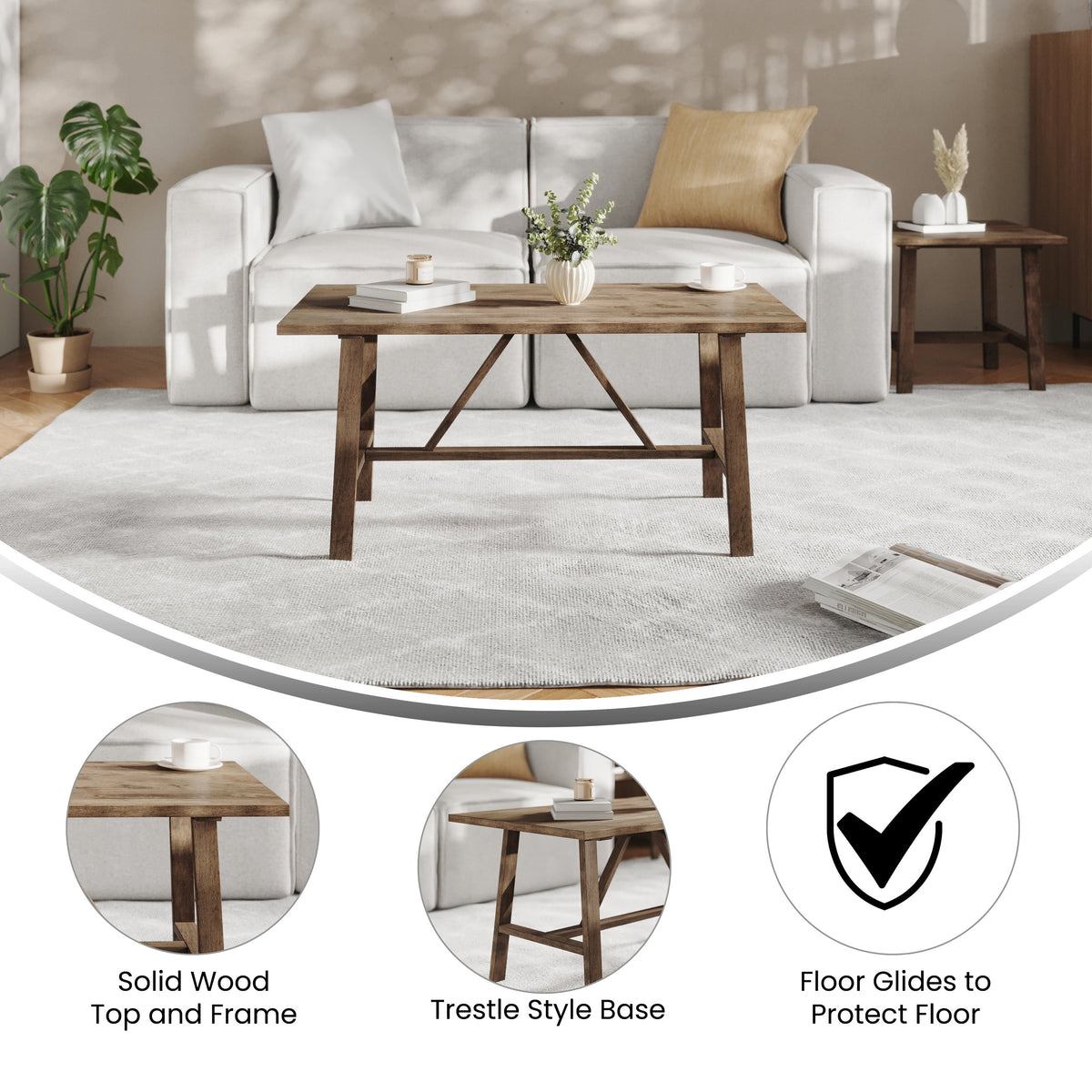 Solid Wood Farmhouse Coffee Table in Rustic Brown C11419
