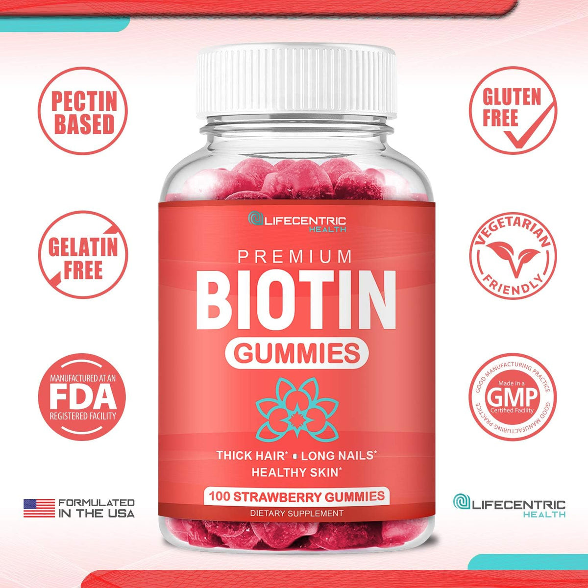 Biotin 10000mcg Chewable Supplement, 100 Count Vegan Gummies T619