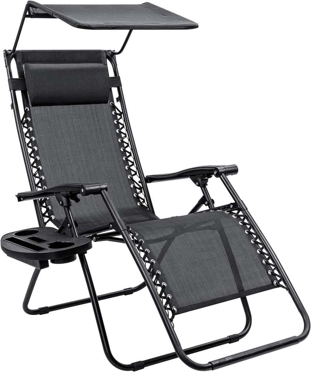 Grey Folding Recliner Chair with Canopy Shade and Cup Holder V85632