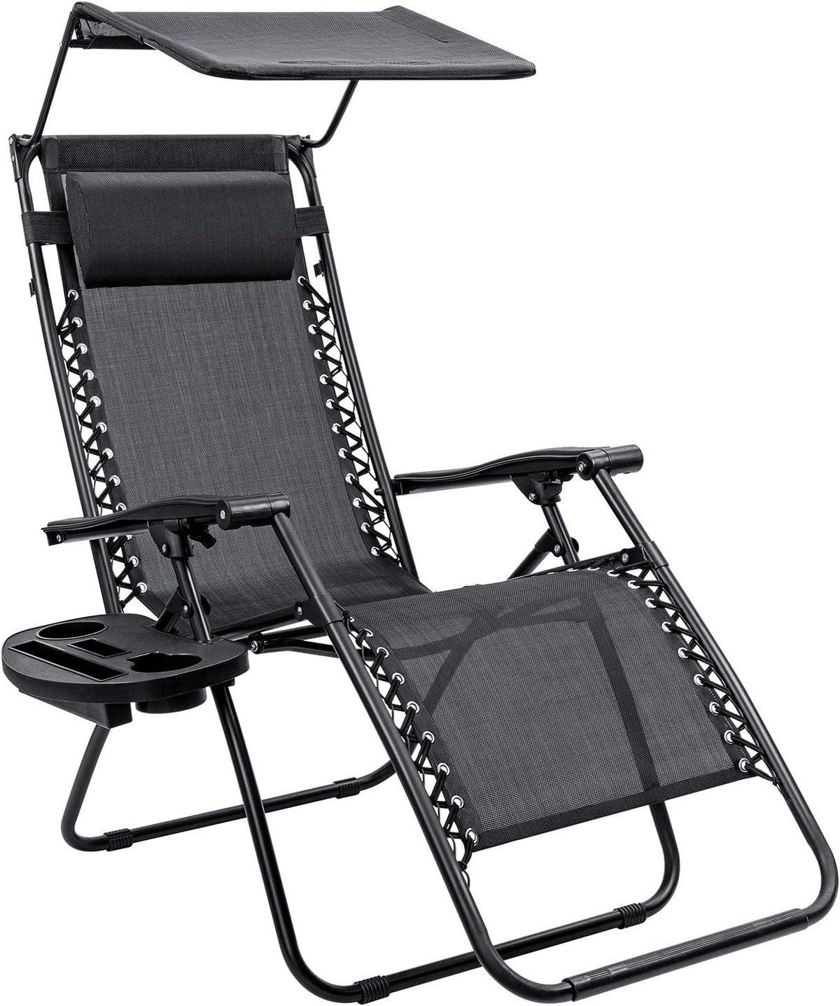Grey Folding Recliner Chair with Canopy Shade and Cup Holder V85632