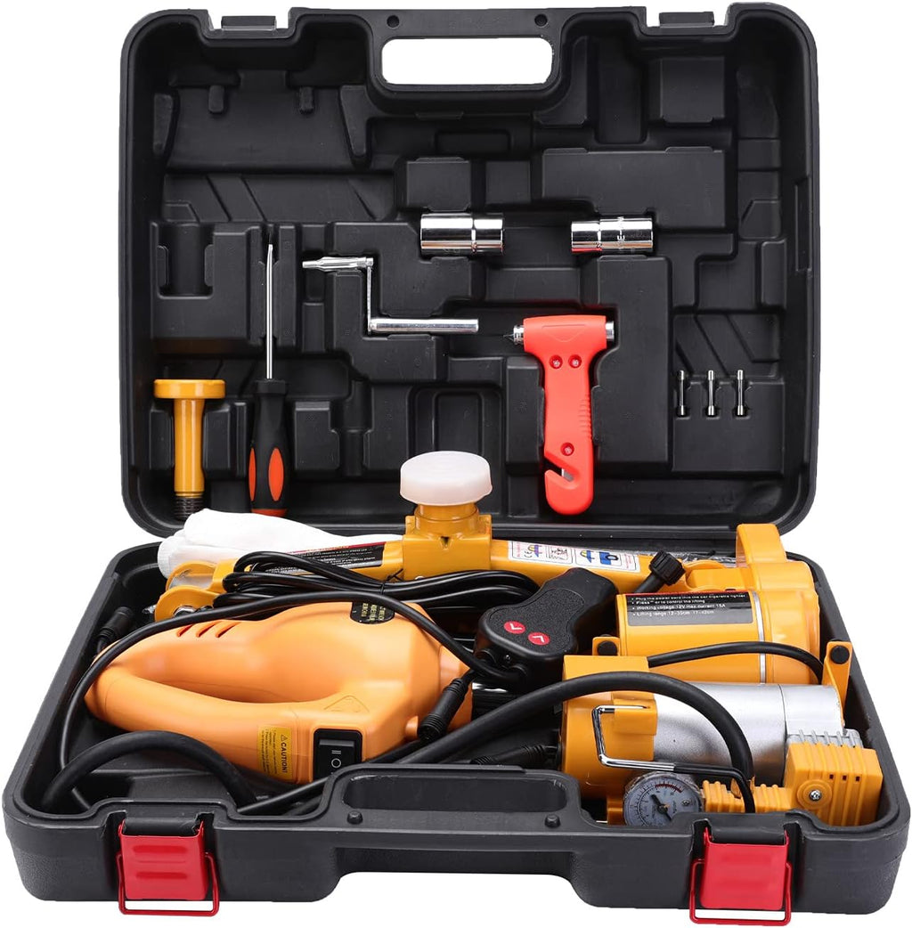 Yellow 3 Ton 12V Electric Scissor Car Jack with Impact Wrench and Tire Inflator Pump S447