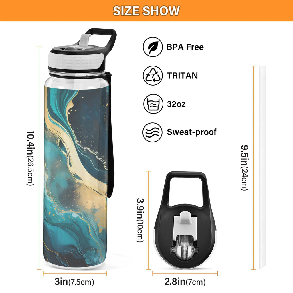 Green Marble and Golden 32oz Tritan Leakproof Sports Bottle with Straw X416717