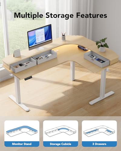 65″ L-Shaped Electric Height Adjustable Standing Desk with 3 Drawers N19463
