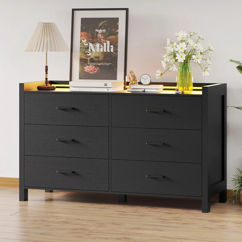 Black 6 Drawer Double Dresser with LED Lights R91376