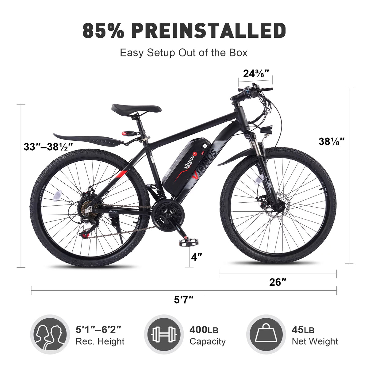 Electric Mountain Bicycle 26" 350W 48V Lithium Battery Black C23887