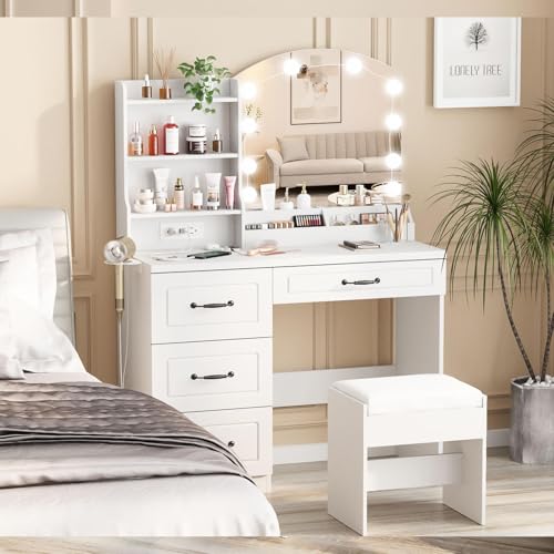 White Makeup Vanity Desk with Lights and Charging Station U347