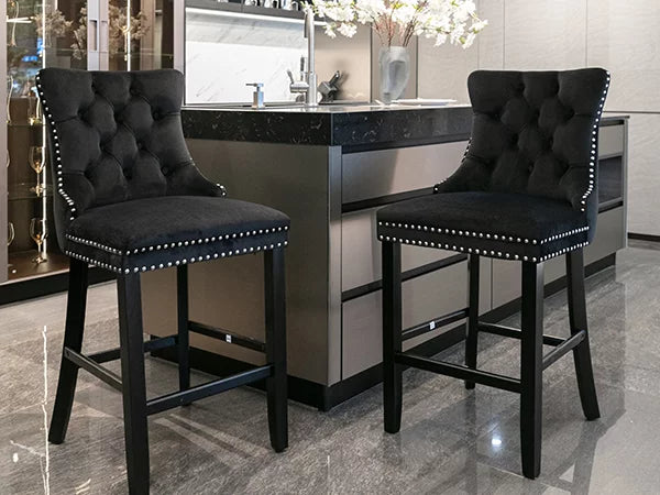 Black Velvet Upholstered Bar Stools Set of 4 P7118