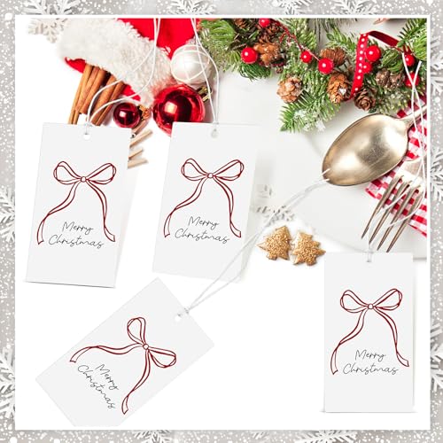 100 Pcs Red Bow Christmas Tags with String M14370