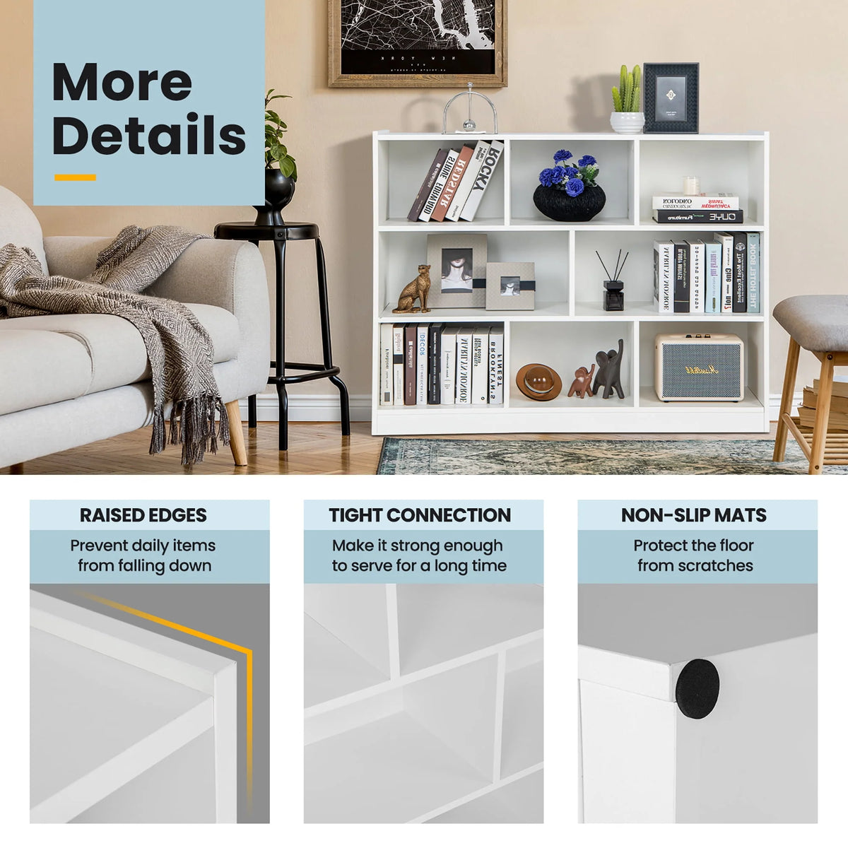 White 3-tier 8-Cube Floor Standing Storage Bookcase L185