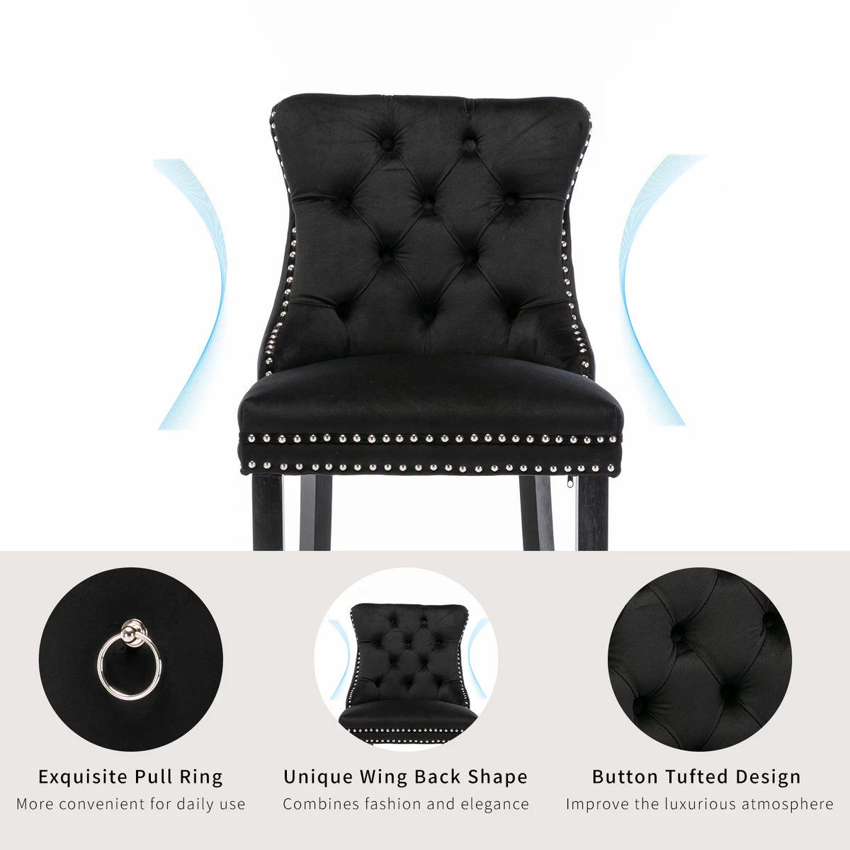 Black Velvet Upholstered Bar Stools Set of 4 P7118