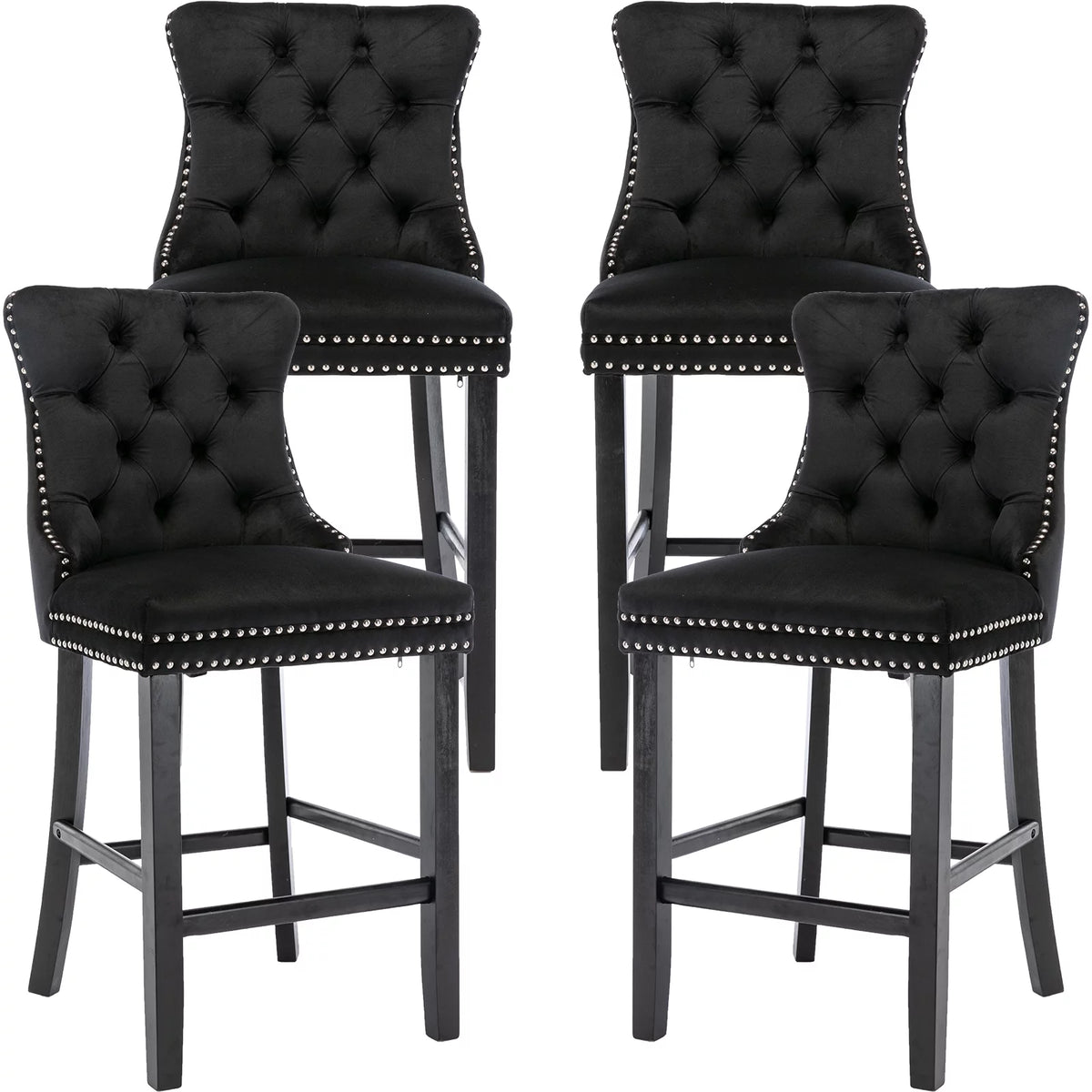 Black Velvet Upholstered Bar Stools Set of 4 P7118