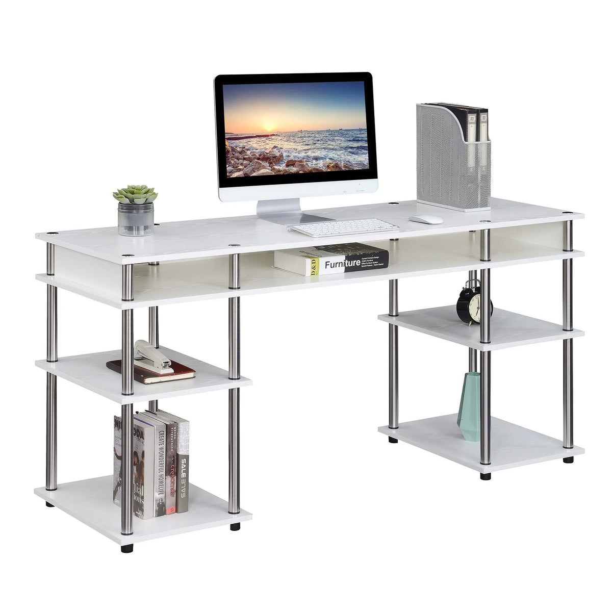 White 60-inch Student Desk with Shelves A13565