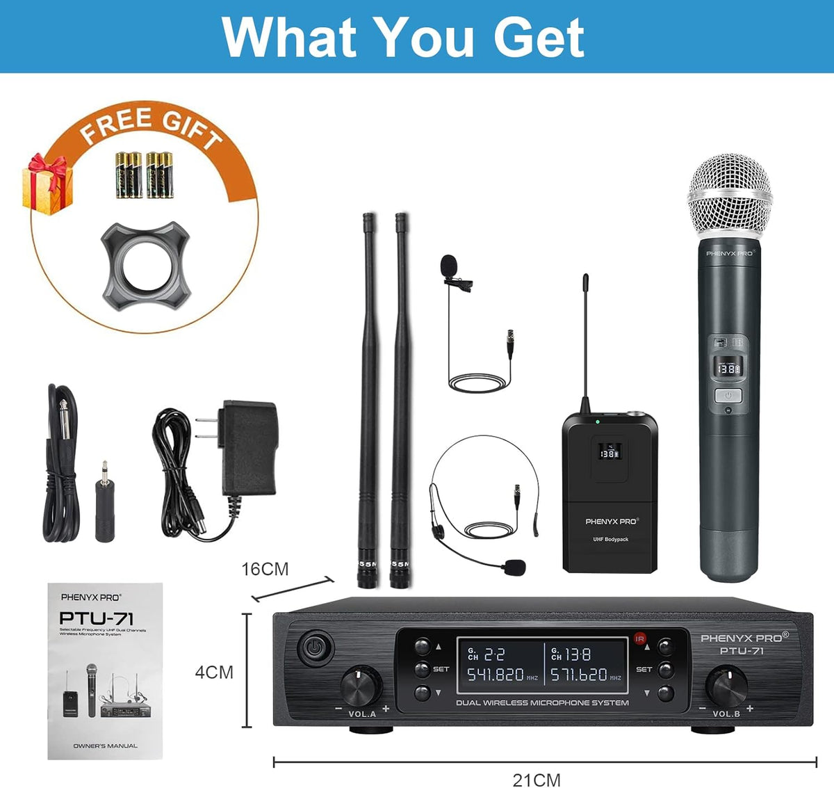Dual Channel Wireless Microphone System with Handheld, Bodypack, Headset, Lapel Y2129
