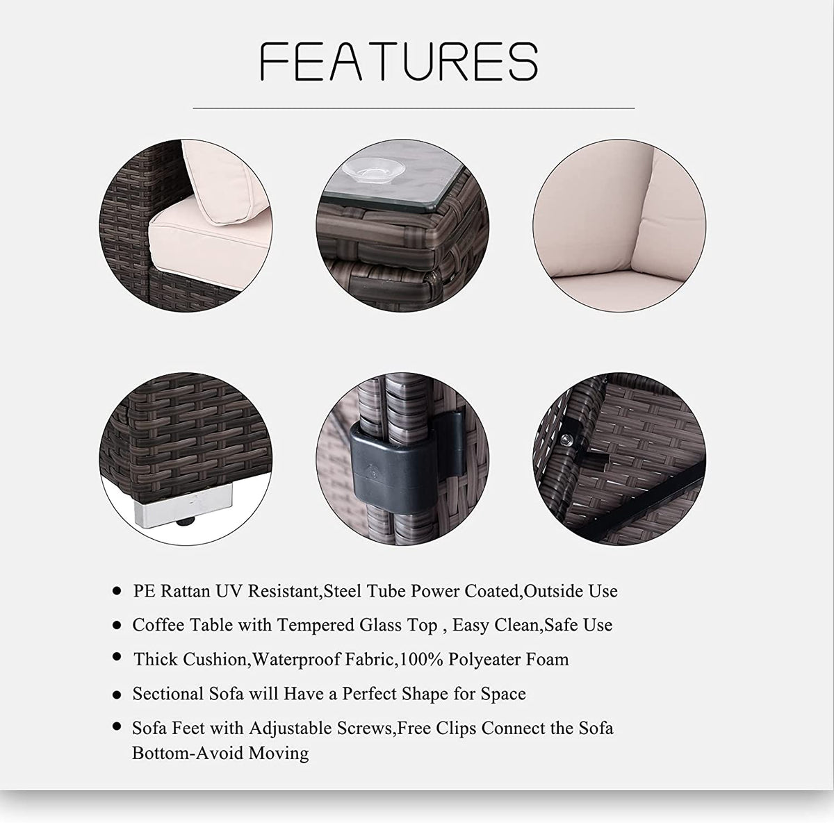 6pcs Gray Rattan Wicker Sectional Outdoor Sofa Set with Black Washable Seat Cushions & Glass Coffee Table J698