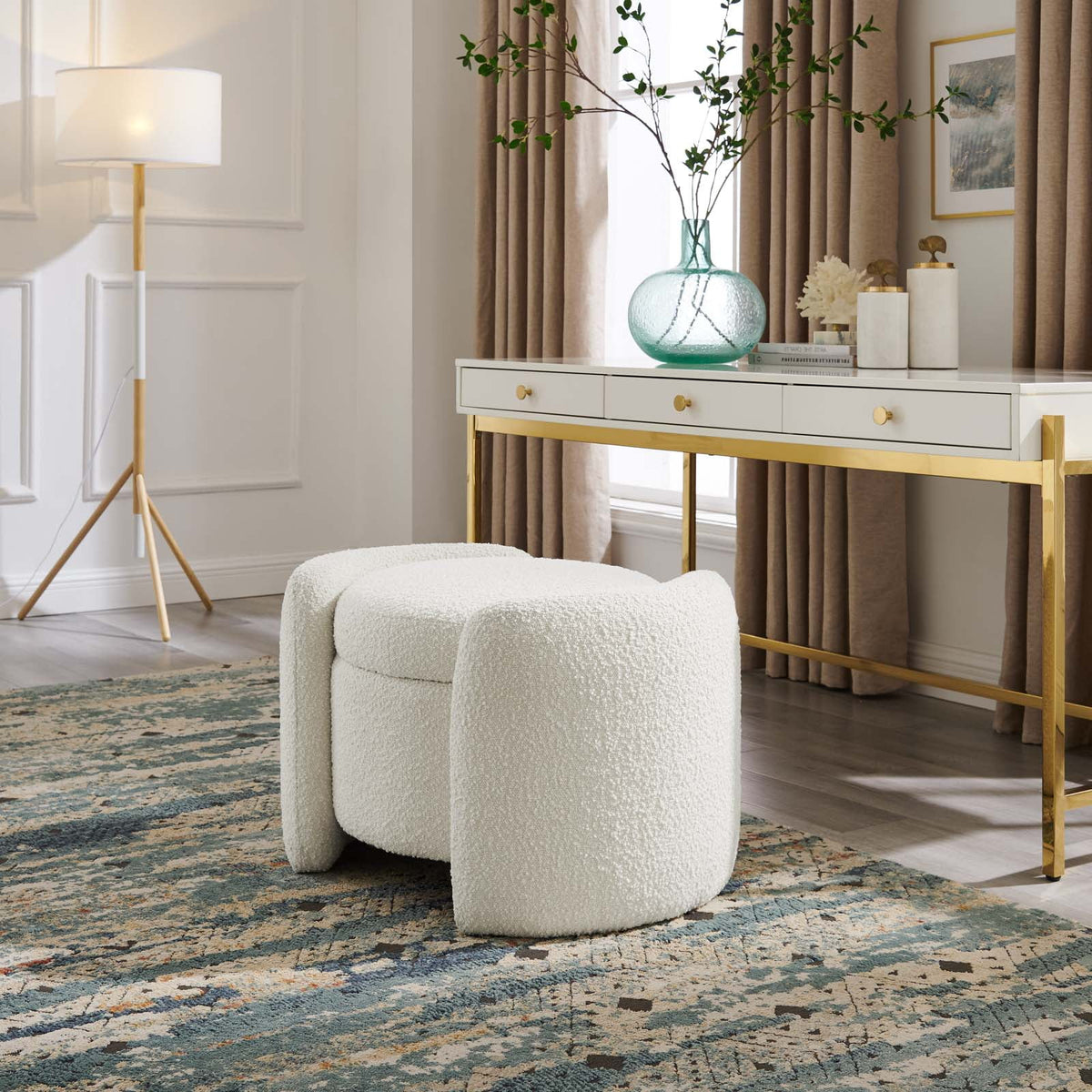 Ivory White Fabric Ottoman Accent Chair K884