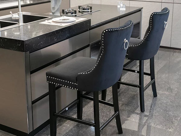 Black Velvet Upholstered Bar Stools Set of 4 P7118