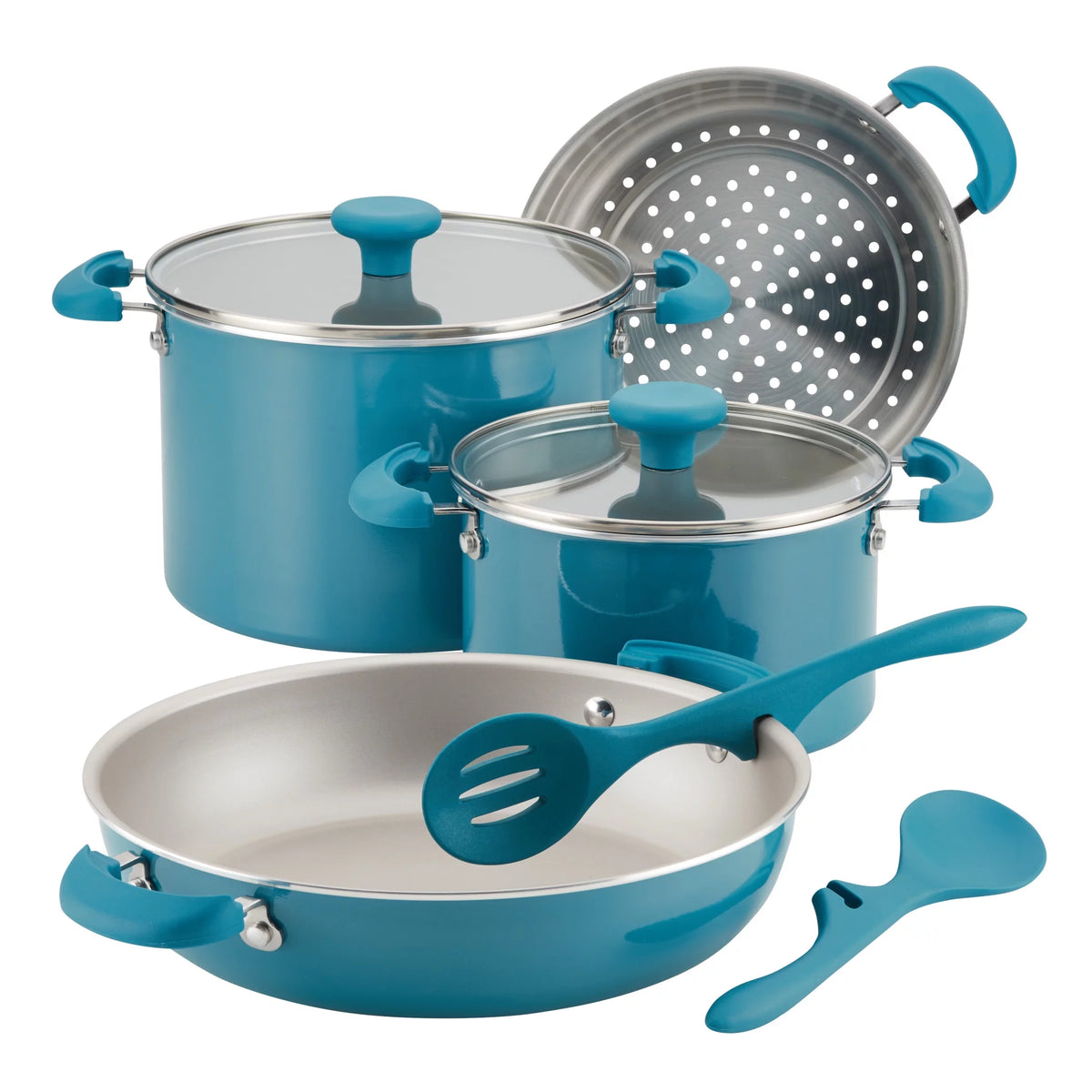 8 Piece Stackable Nonstick Pots and Pans Turquoise U70727