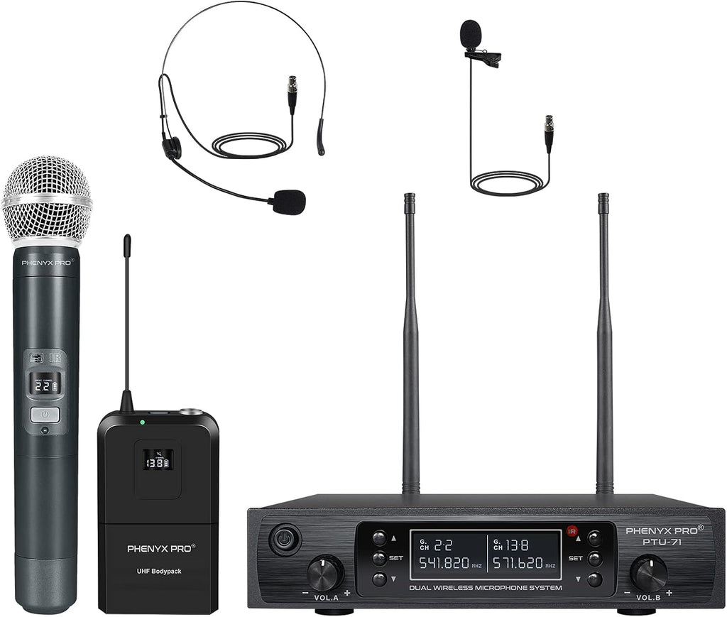Dual Channel Wireless Microphone System with Handheld, Bodypack, Headset, Lapel Y2129