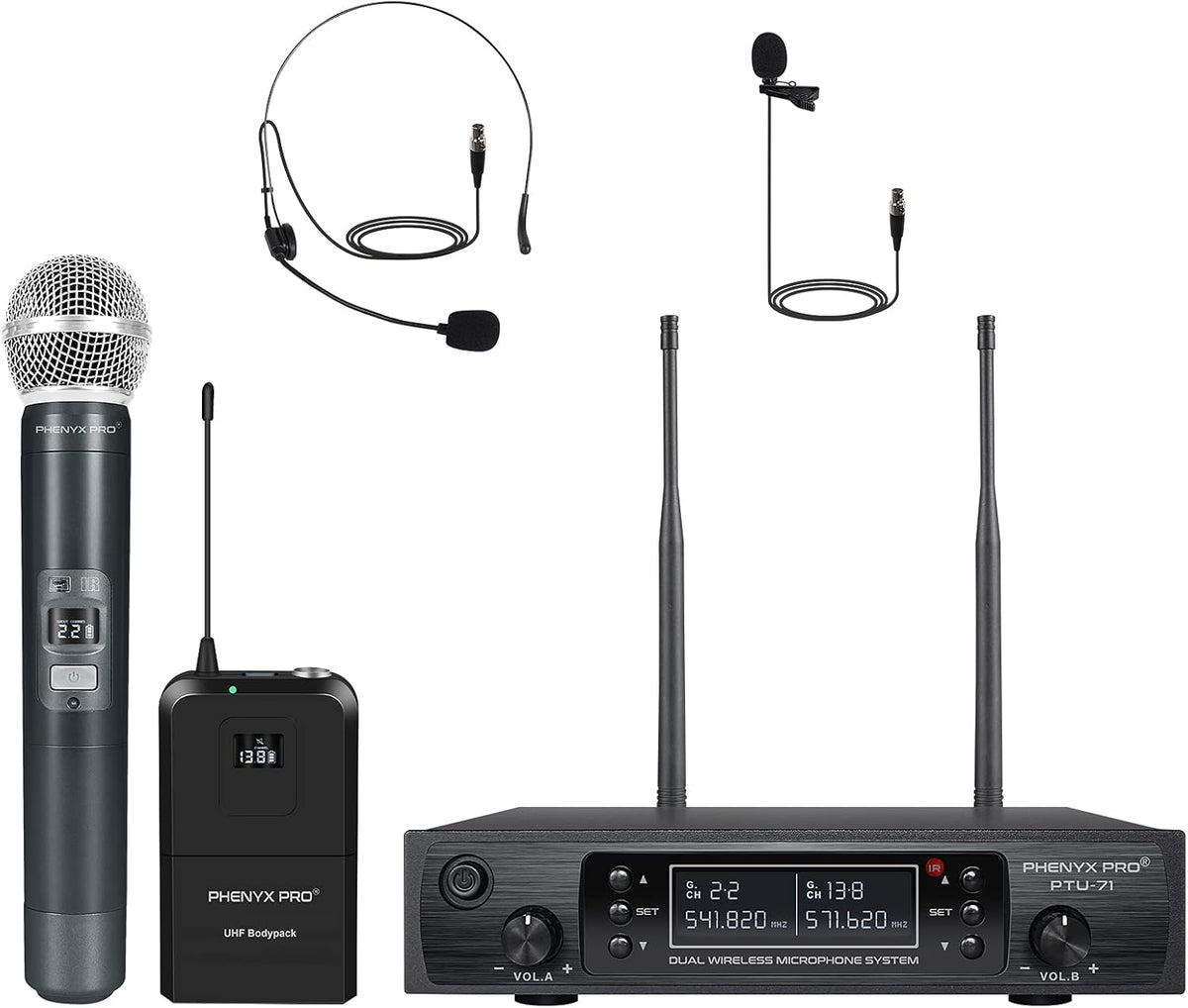 Dual Channel Wireless Microphone System with Handheld, Bodypack, Headset, Lapel Y2129