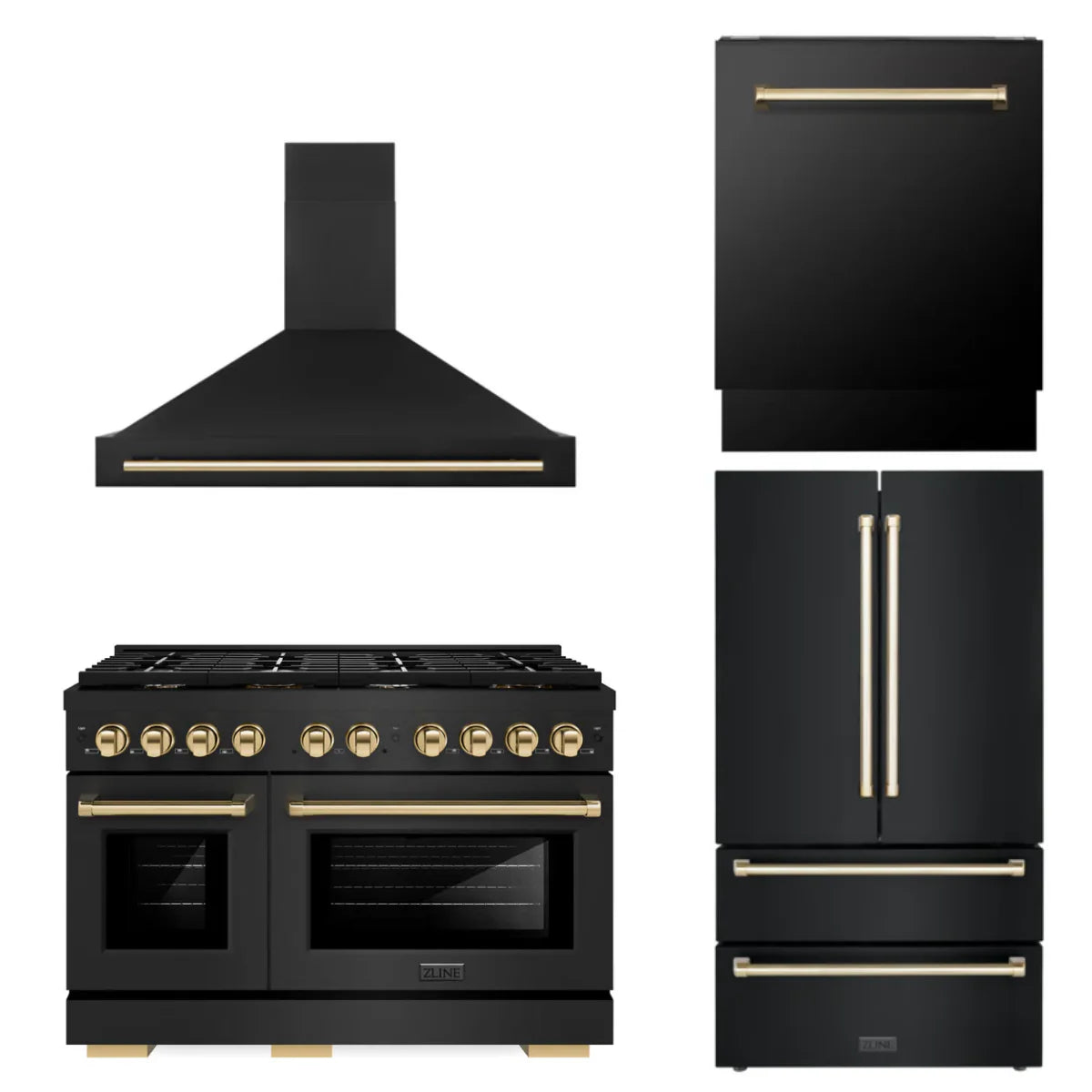 48 In. Gas Range, Range Hood, Refrigerator, and Dishwasher in Black Stainless Steel K763