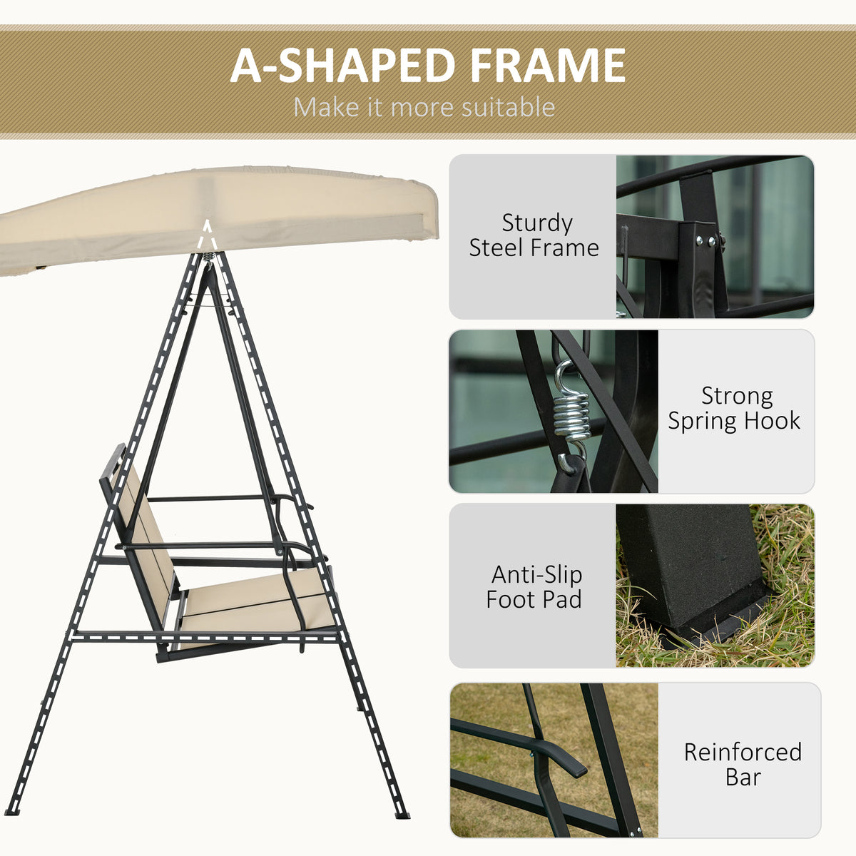Beige 2-Person Patio Swing with Canopy J8850