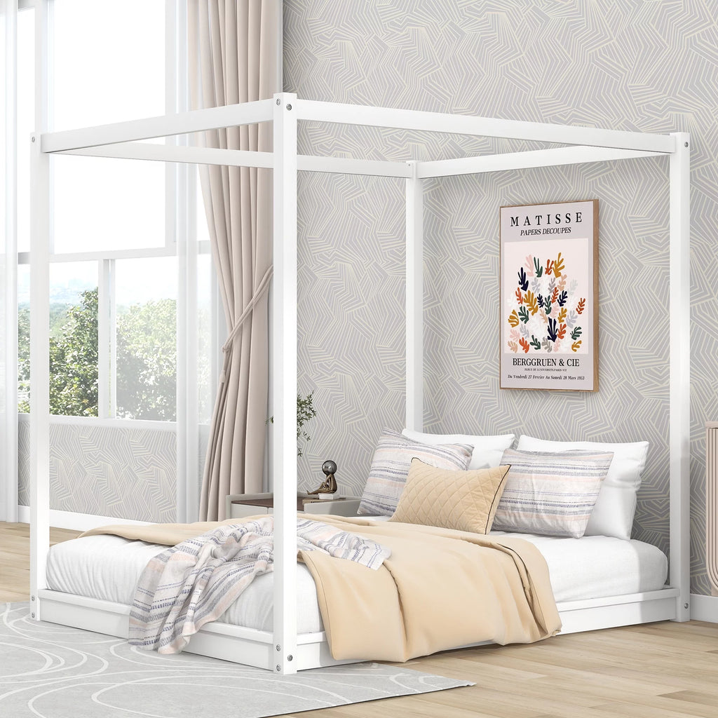 White Pine Wood Queen Size Canopy Platform Bed A325920