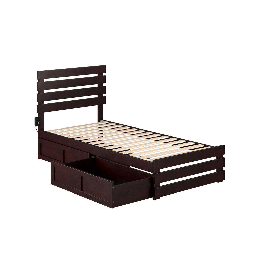 Espresso Solid Wood Twin XL Bed with Footboard & Drawers A25172