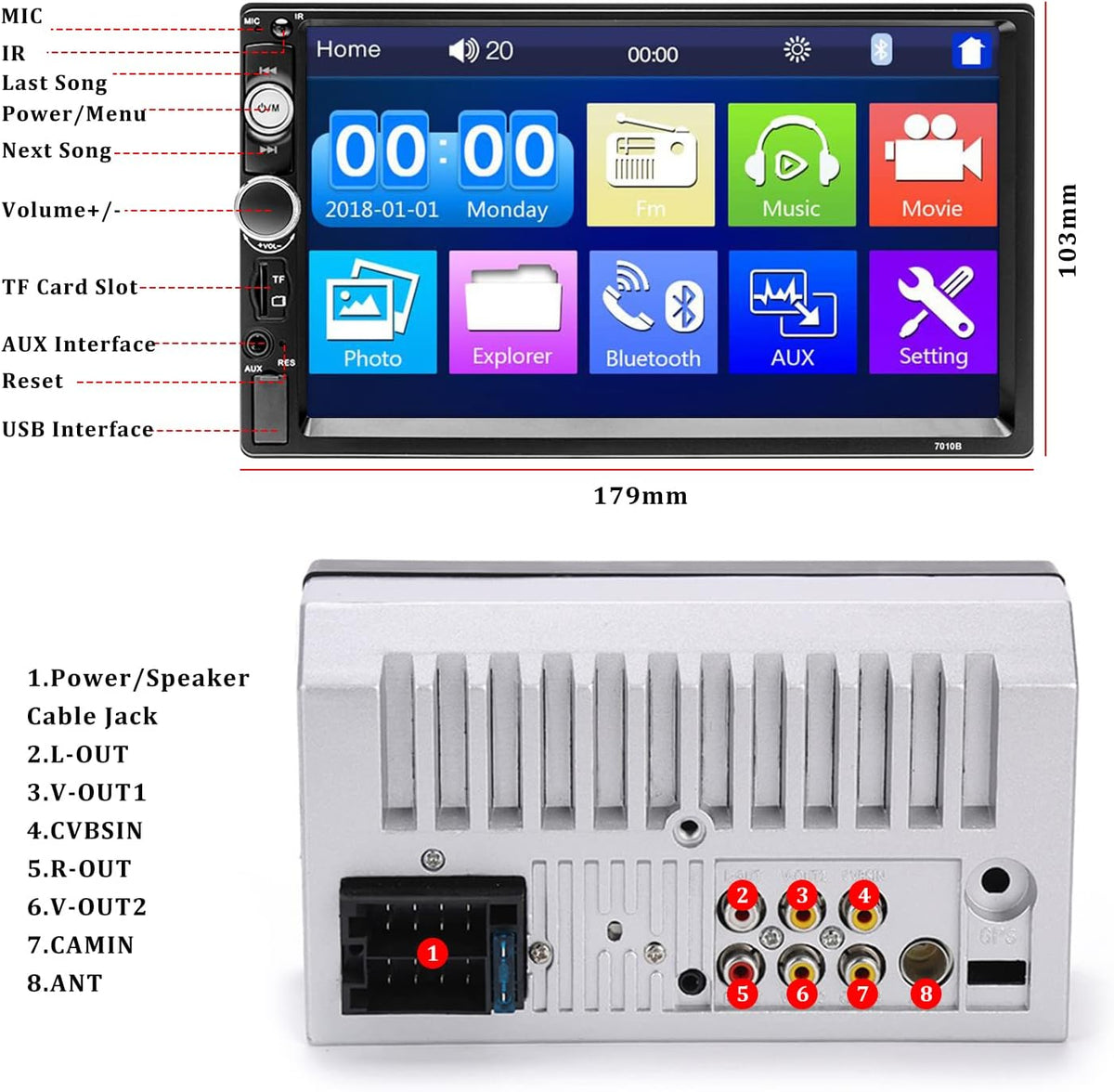 7 Inch Double Din Car Stereo with Bluetooth Touch Screen Car Radio MP5 Player O796492