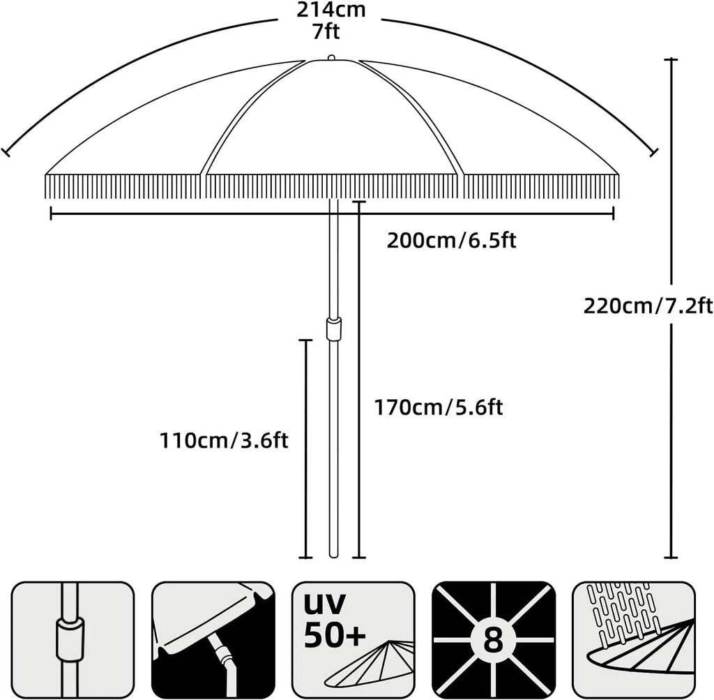 White Cream 7ft Patio Umbrella with Fringe O3468