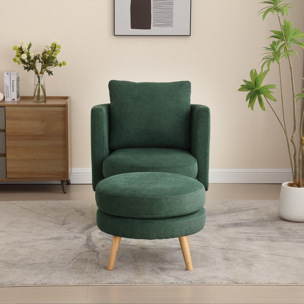 Green Polyester Blend Accent Chair with Ottoman and Throw Pillow I5633