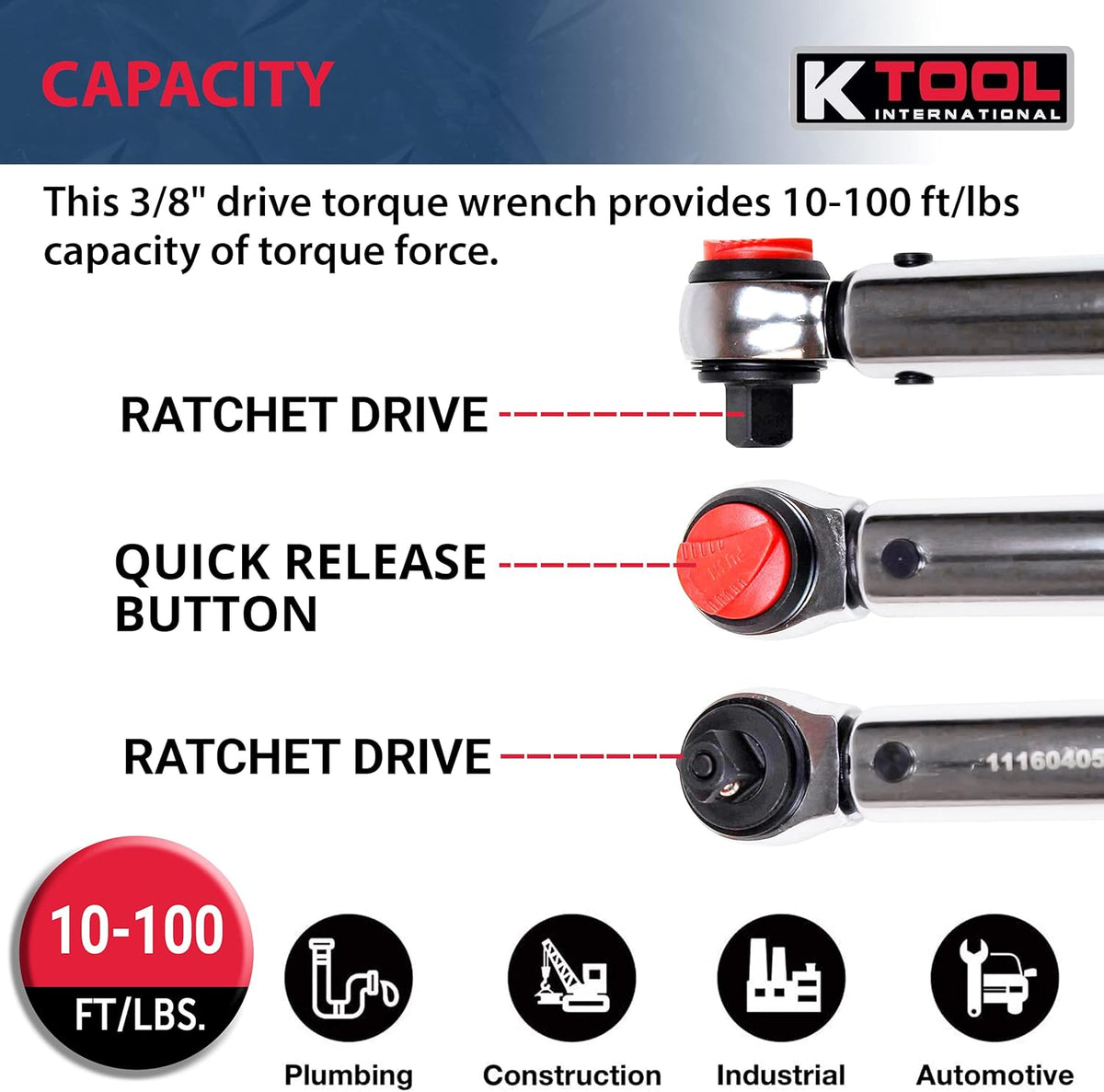 3/8 Drive Click Style Long Torque Wrench, 10-100 feet/lbs. Capacity, 16-1/4 Long H22143