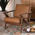Walnut Brown Wood and Tan Faux Leather Lounge Chair W28394