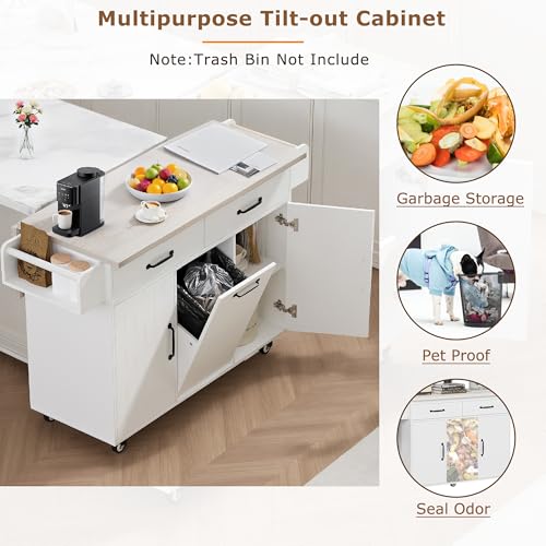 Kitchen Island Cart with Trash Can Storage, Drop Leaf, Drawers, Adjustable Shelves, Lockable Wheels T68375