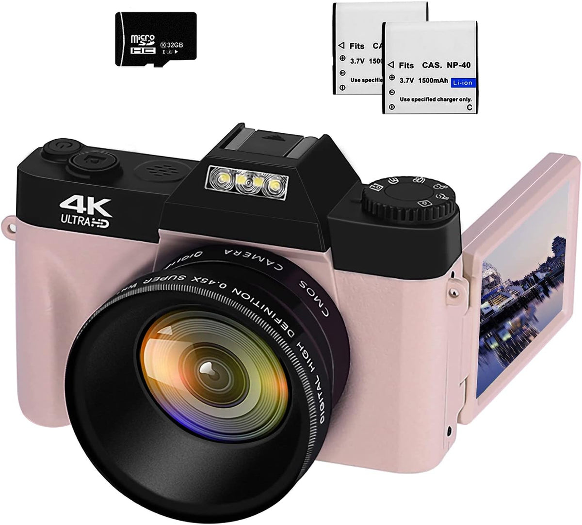 48MP 16X Digital Zoom Flip Screen Autofocus Camcorder with Wide-Angle Lens, Macro Lens, 32G Micro Card, 2 Batteries (Gray) Y100