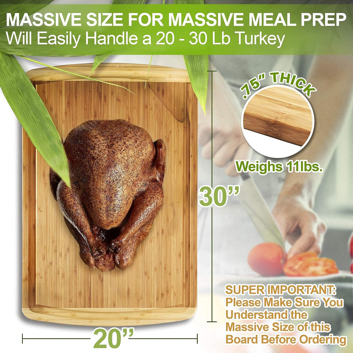 30 x 20 Inch Extra Large Bamboo Cutting Board with Handles R4131