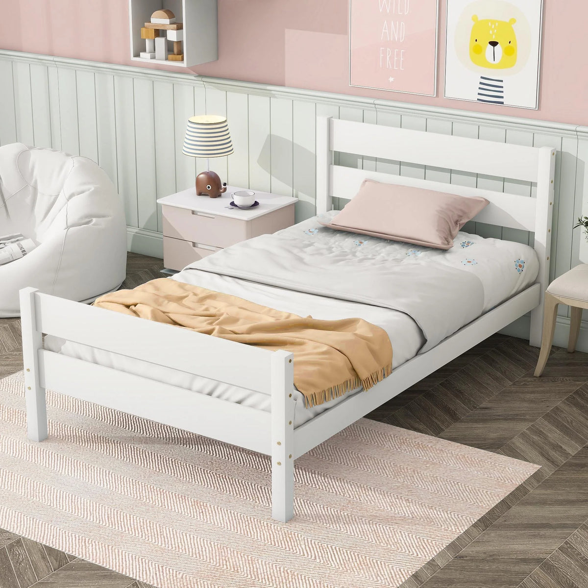 White Twin Size Solid Wood Platform Bed Frame with Headboard and Footboard G524867