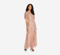 Rose Gold Floral Beaded Gown with Flutter Sleeves O8542