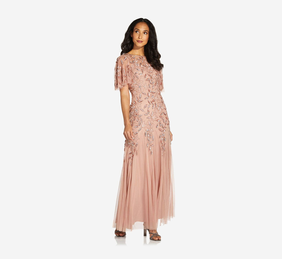 Rose Gold Floral Beaded Gown with Flutter Sleeves O8542