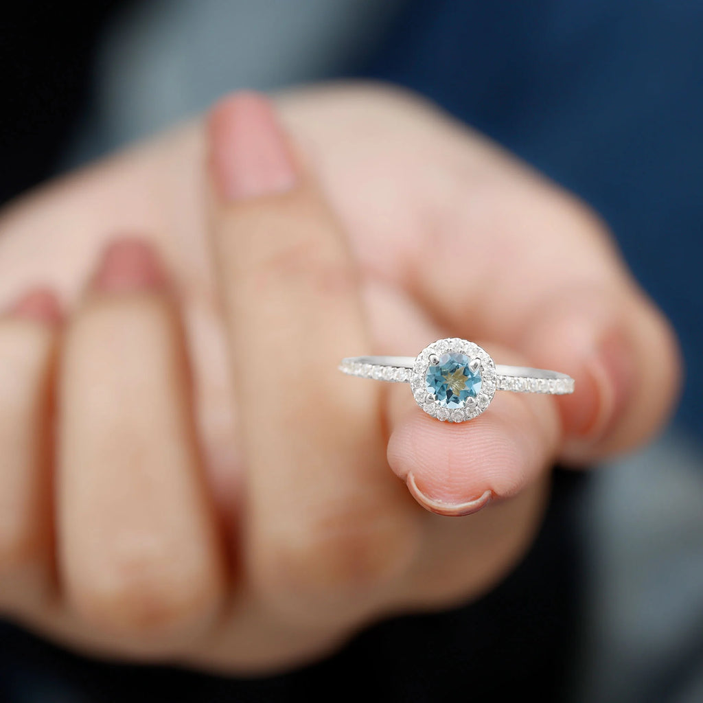 10K White Gold Aquamarine Ring with Diamond Halo H34056