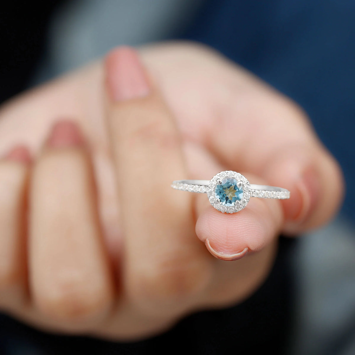 10K White Gold Aquamarine Ring with Diamond Halo H34056