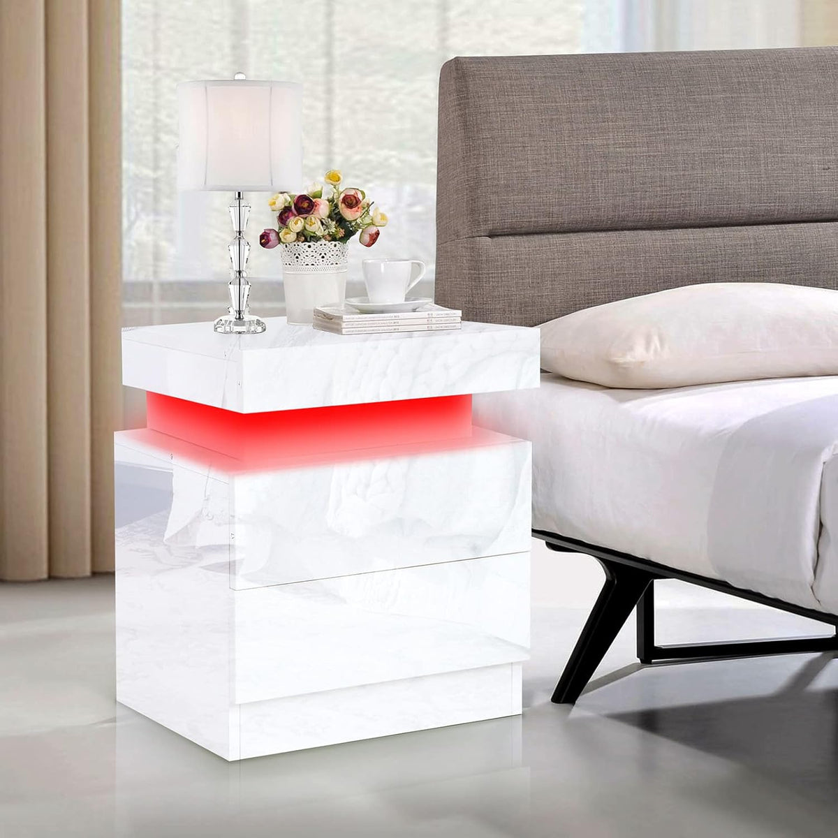 White 2 Drawer LED Nightstand J192937