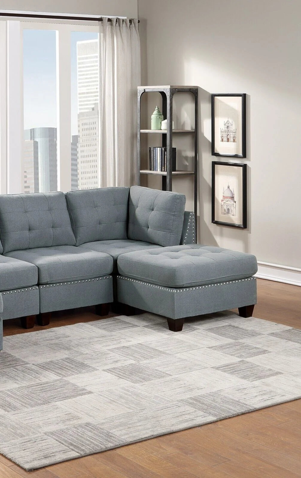 Gray Fabric 6pc U-Sectional Couch with 2 Corner Wedge, 2 Armless Chairs, 2 Ottomans F80276