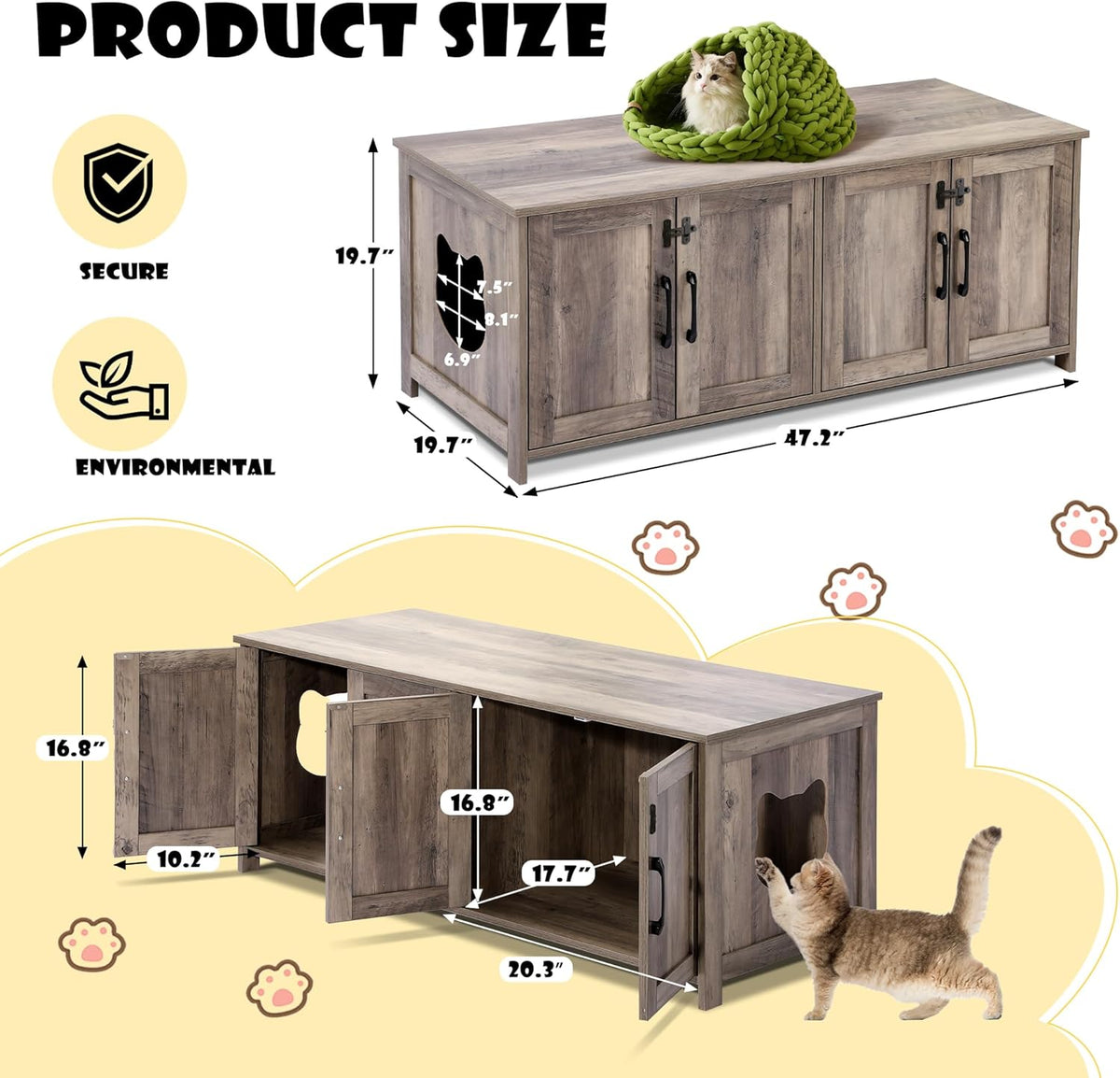Greige Wooden Cat Litter Box Enclosure with Lockable Door B24905