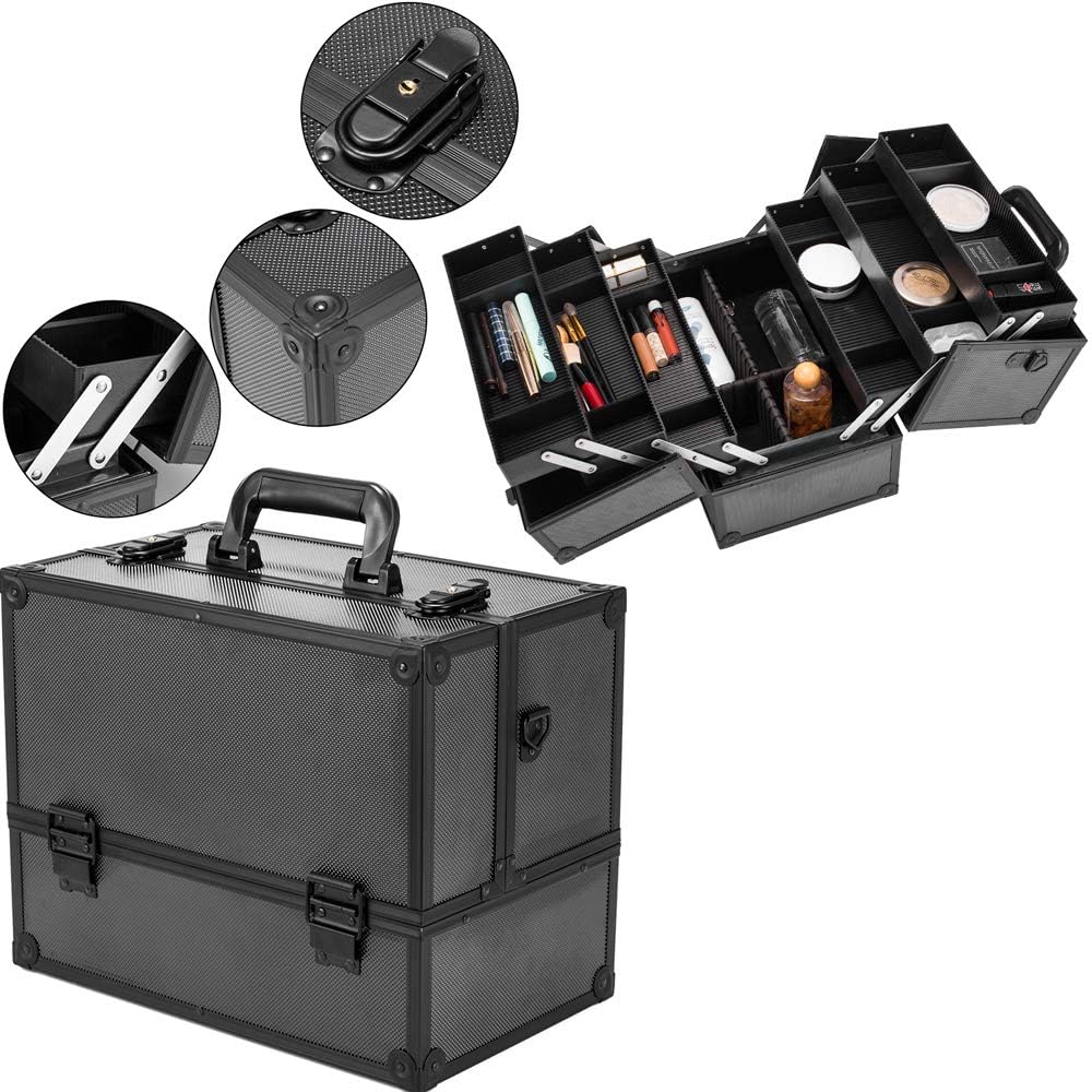 Portable Makeup Train Case with Lock and Compartments, black I83027