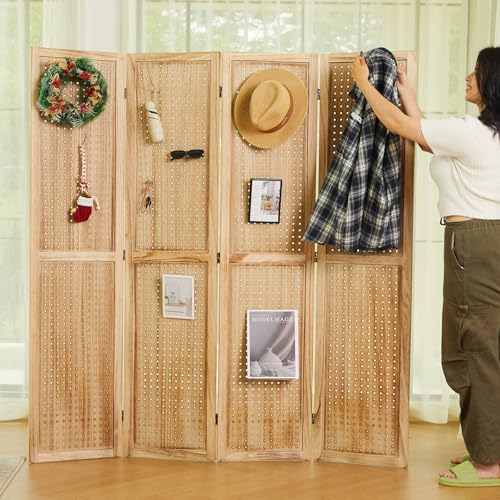 66.9inch Freestanding Folding Pegboard Privacy Screens 4 Panels White S7022