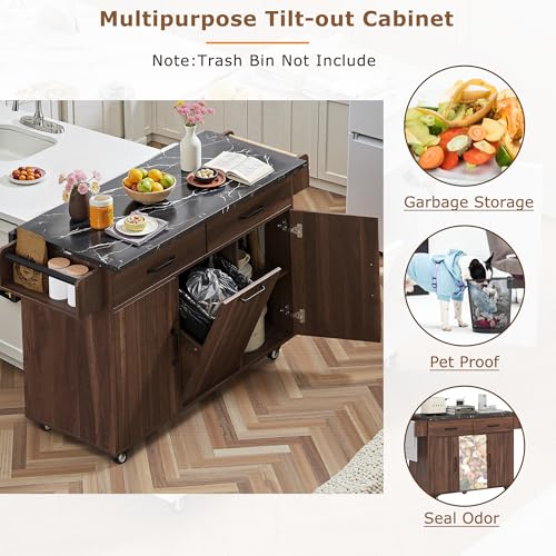 Kitchen Island Cart with Trash Can Storage, Drop Leaf, Drawers, Adjustable Shelves, Lockable Wheels T68375